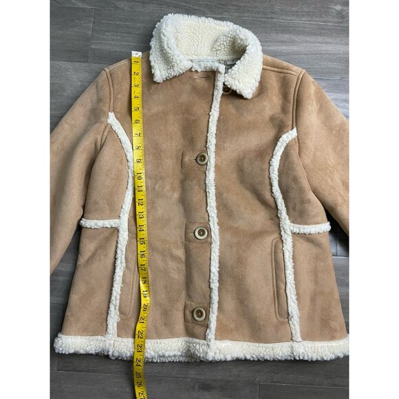 LL Bean Suede Sherpa Brown Tan Button Front Coat Women’s Size Small P Western - Picture 6 of 8
